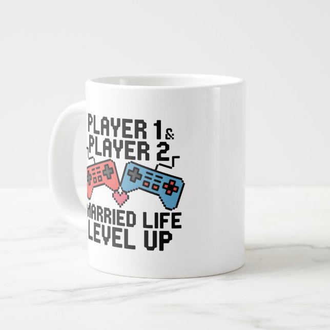 Pixel Gaming Couple Level Up Design Large Coffee Mug (Front Left)