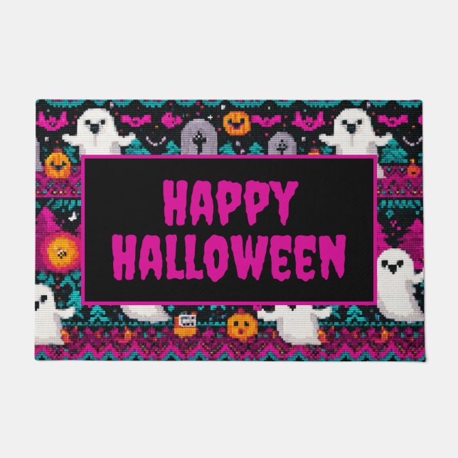 Pixel Ghosts Halloween Sweater Pattern Doormat (Front)