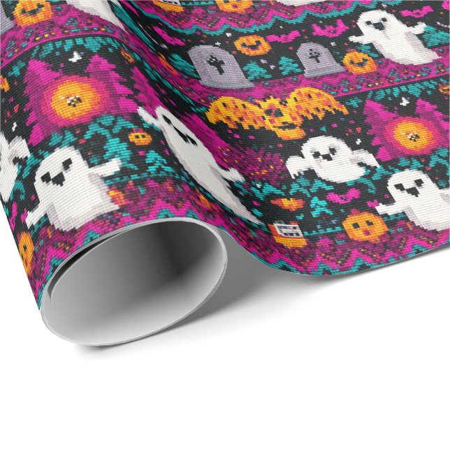 Pixel Ghosts Halloween Sweater Pattern Wrapping Paper (Roll Corner)
