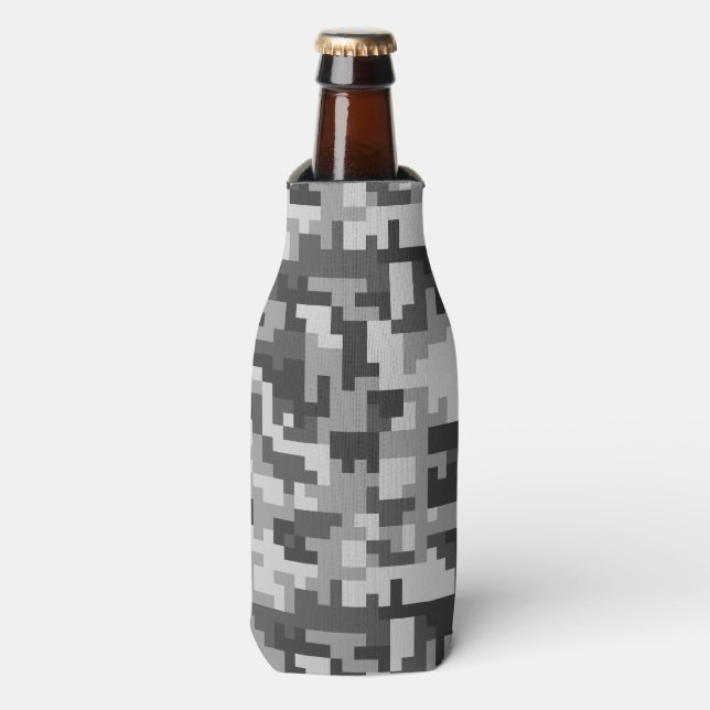 Pixel Gray and Black Army pattern Bottle Cooler (Bottle Front)