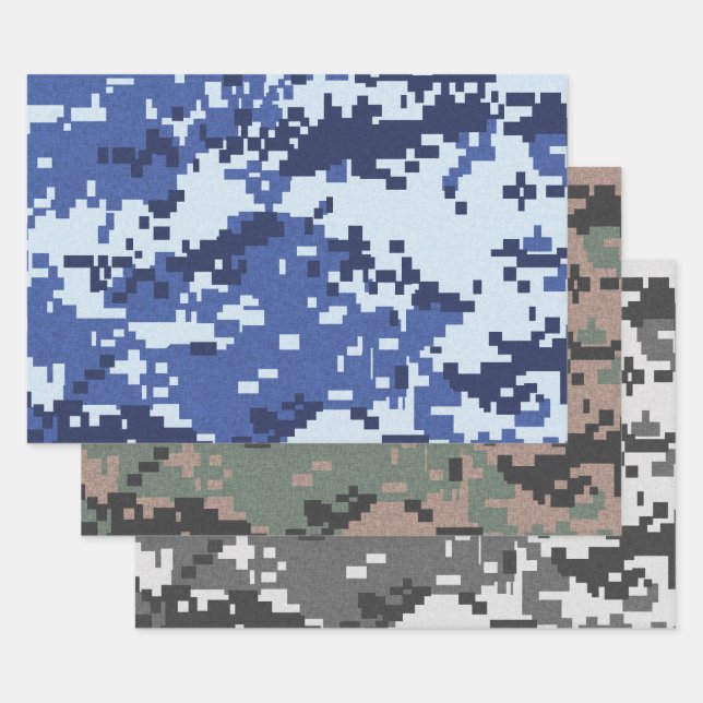 Pixel Green Grey Blue Camouflage Wrapping Paper Sheet (Set)