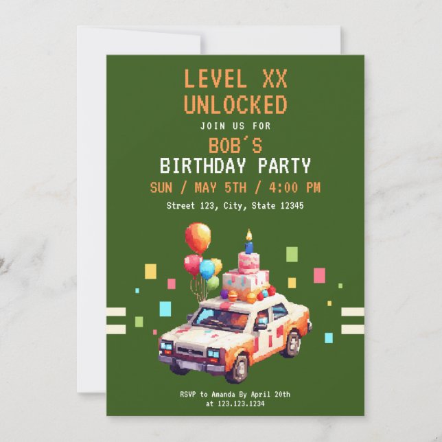 Pixel Green & Orange Car Gaming Birthday Invitation (Front)