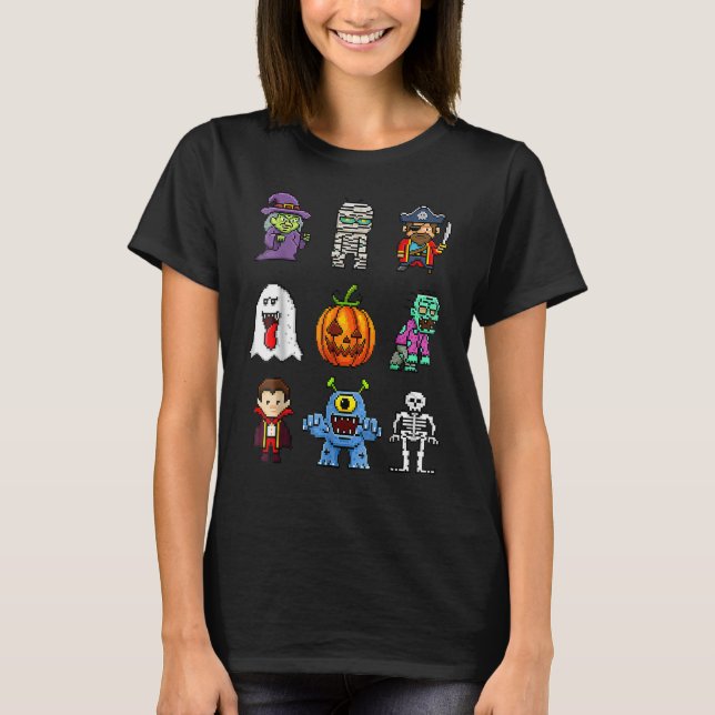 Pixel Halloween Witch Pumpkin Boo Pirate Skeleton  T-Shirt (Front)