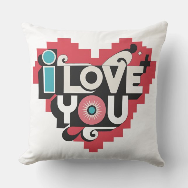 Pixel Heart I Love You Retro Typography Throw Pillow (Front)