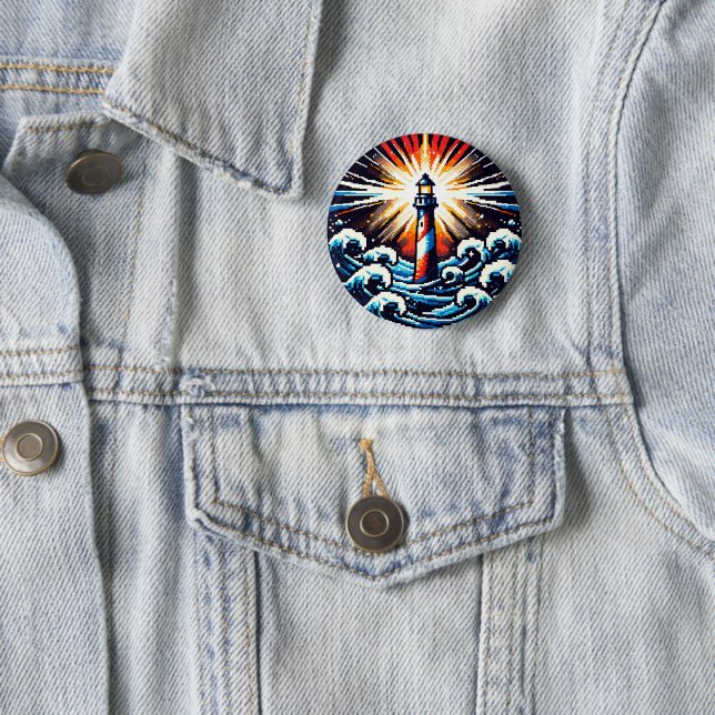 Pixel Lighthouse in Stormy Seas 2 Inch Round Button (In Situ)
