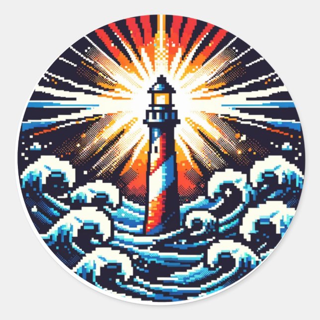 Pixel Lighthouse in Stormy Seas Classic Round Sticker (Front)