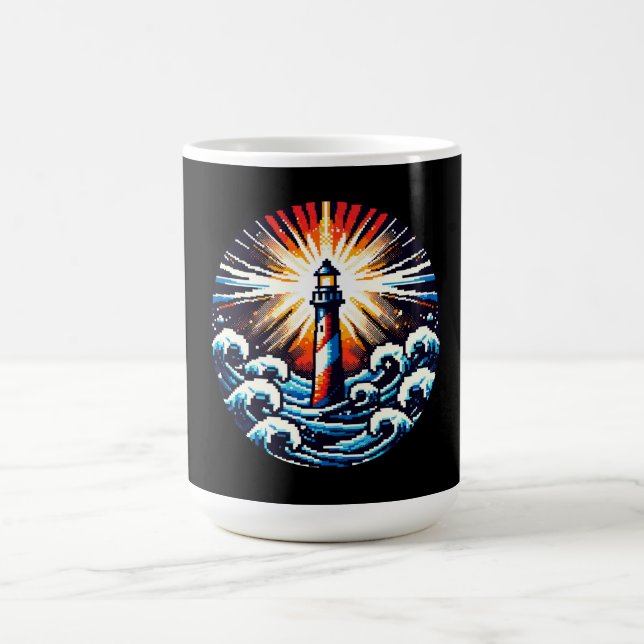 Pixel Lighthouse in Stormy Seas Coffee Mug (Center)