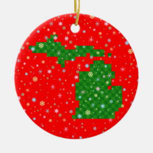 Pixel Michigan and Pastel Snowflakes Ceramic Ornament