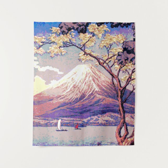 Pixel Mt. Fuji from Lake Yamanaka in Dusk Poster Tapestry (Front)