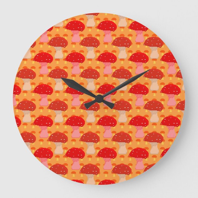 Pixel Mushroom Pattern - Orange Background Throw P Large Clock (Front)