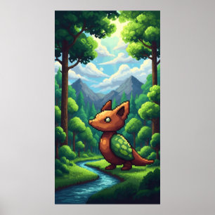 Pixel nature green forest mountains and clouds  poster