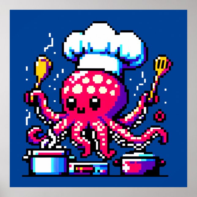 Pixel Octopus Chef Funny Cooking & Seafood Design Poster (Front)