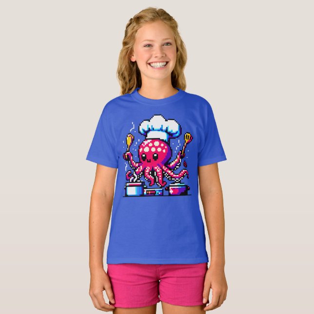 Pixel Octopus Chef Funny Cooking & Seafood Design T-Shirt (Front Full)