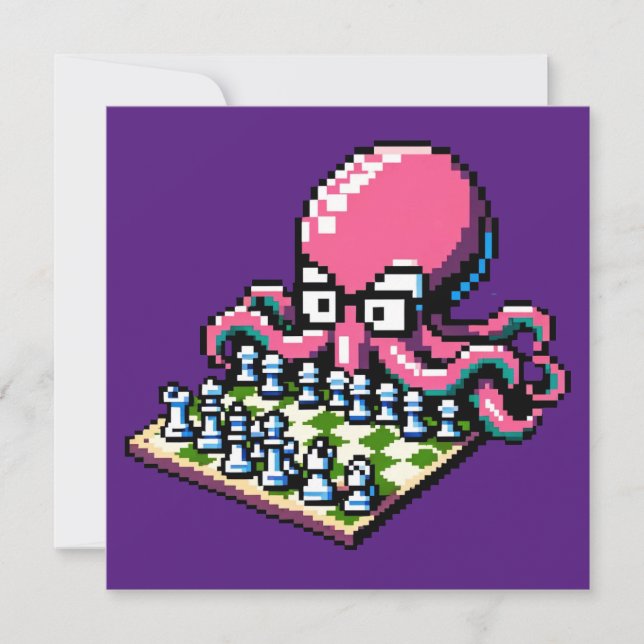 Pixel Octopus Chess Retro Strategy Board Game Art Invitation (Front)