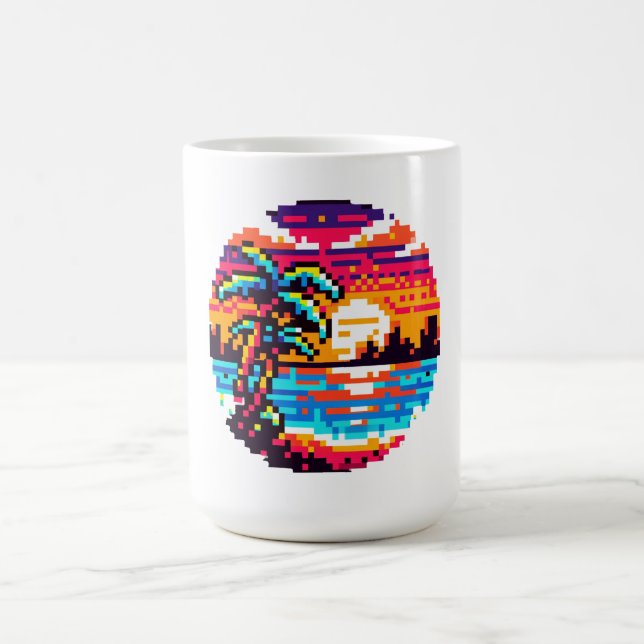 Pixel Paradise: 8-Bit Tropical Sunset Retro Nature Coffee Mug (Center)