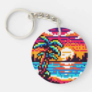 Pixel Paradise: 8-Bit Tropical Sunset Retro Nature Keychain