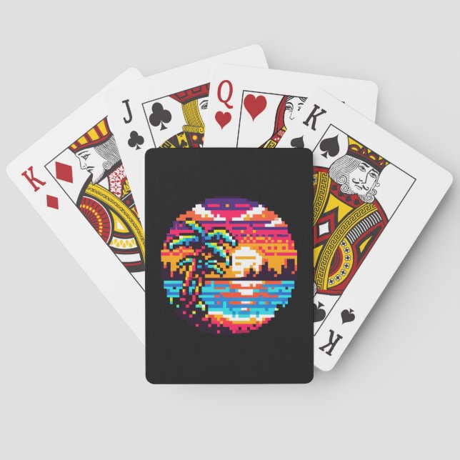 Pixel Paradise: 8-Bit Tropical Sunset Retro Nature Playing Cards (Back)