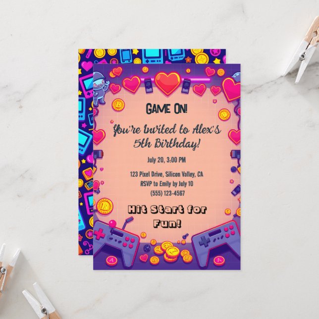 Pixel Party Anniversaire Invitation Retro Gamer Th (Devant/Arrière en situation)