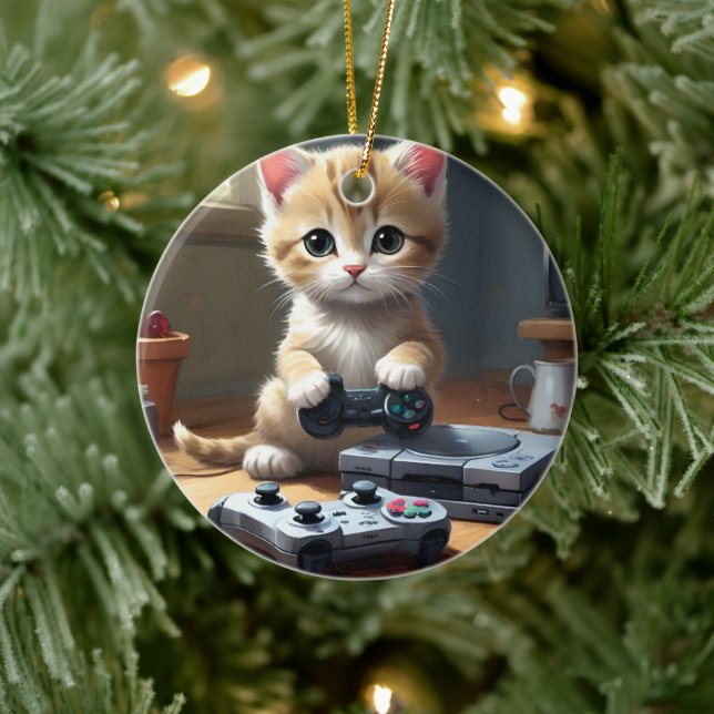 "Pixel Paws: The Gamer Kitten in Action" Ceramic Ornament (Tree)