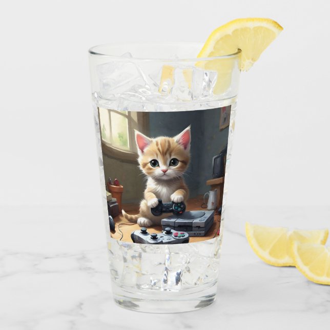"Pixel Paws: The Gamer Kitten in Action" Glass (Back Ice)
