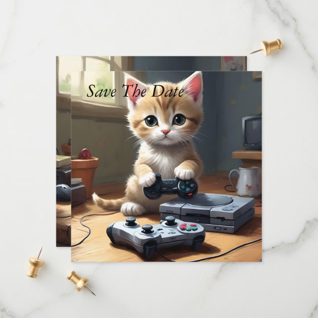 "Pixel Paws: The Gamer Kitten in Action" Save The Date (Front/Back In Situ)