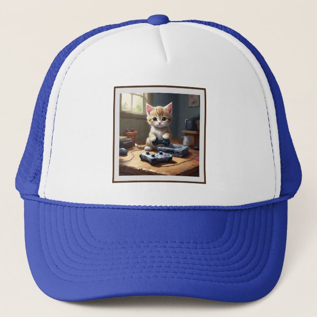 "Pixel Paws: The Gamer Kitten in Action" Trucker Hat (Front)