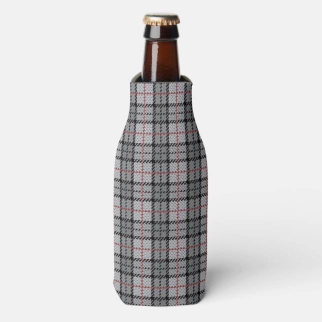 Pixel Plaid in Grey with Red Stripe Bottle Cooler (Bottle Front)