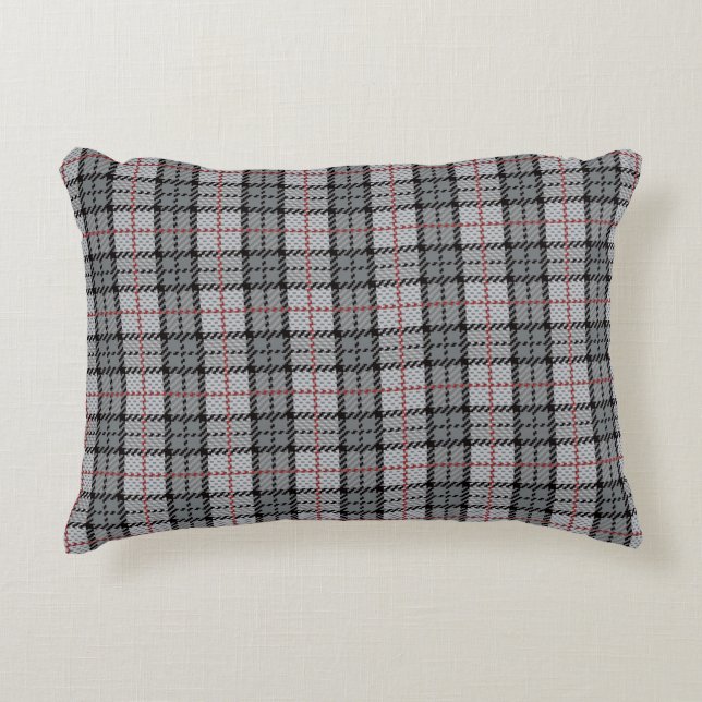 Pixel Plaid in Grey with Red Stripe Decorative Pillow (Front)