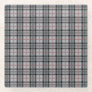 Pixel Plaid in Grey with Red Stripe Glass Coaster