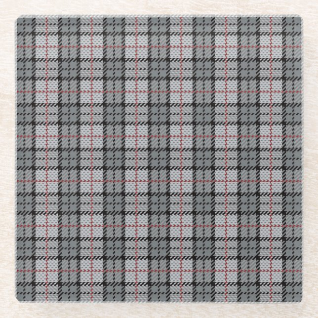 Pixel Plaid in Grey with Red Stripe Glass Coaster (Front)