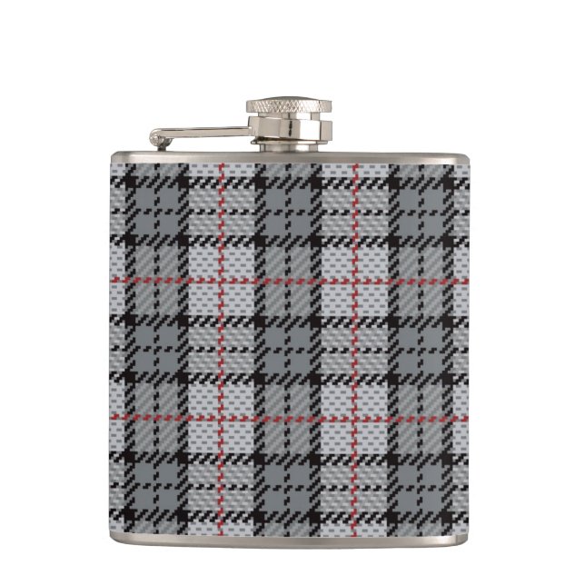 Pixel Plaid in Grey with Red Stripe Hip Flask (Front)