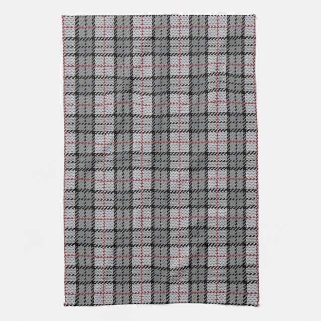 Pixel Plaid in Grey with Red Stripe Kitchen Towel (Vertical)