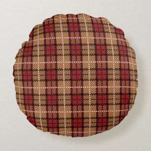 Pixel Plaid in Red and Gold Round Pillow