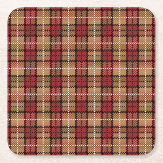 Pixel Plaid in Red and Gold Square Paper Coaster (Front)
