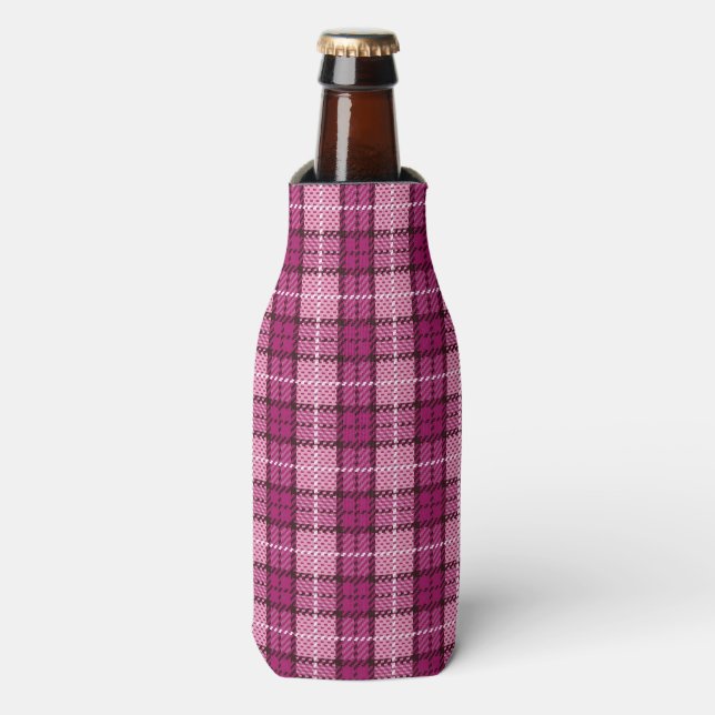 Pixel Plaid_Magenta-Black Bottle Cooler (Bottle Front)
