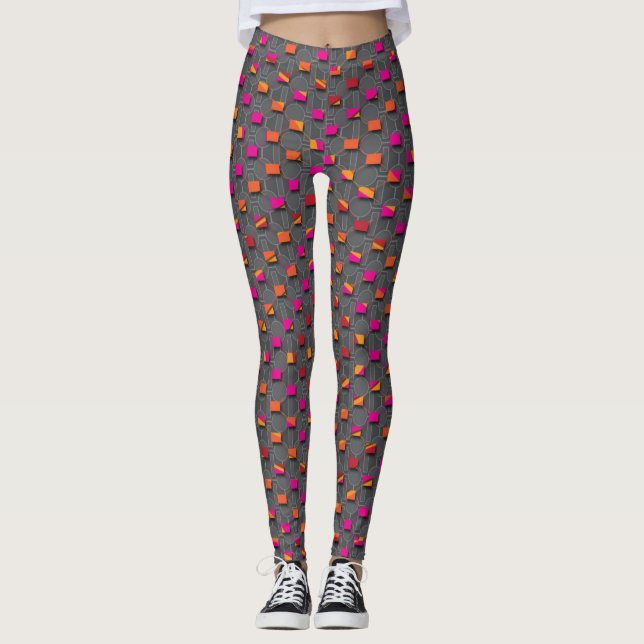 Pixel Pop Leggings – Grey Circuit with Neon Blocks (Front)