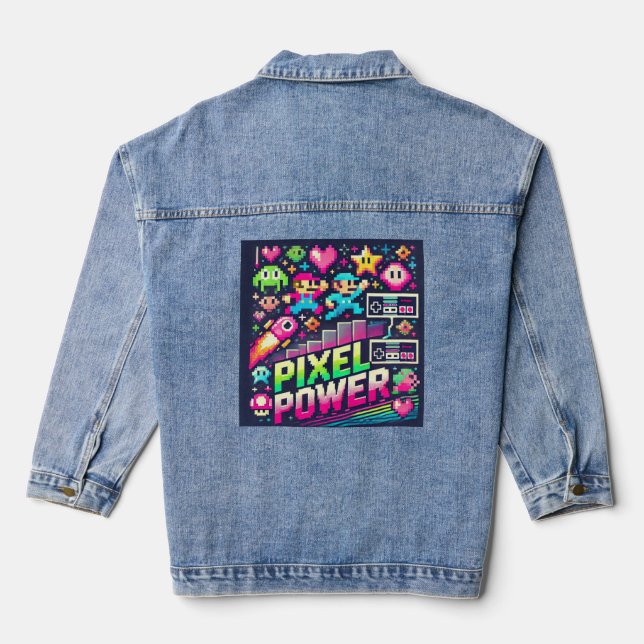 Pixel Power Retro Gaming  – 8-Bit Character Denim Jacket (Back)