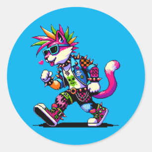 Pixel Punk Cat - 8-Bit Heart & Retro Style Classic Round Sticker