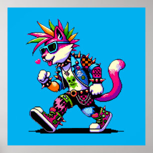Pixel Punk Cat - 8-Bit Heart & Retro Style Poster
