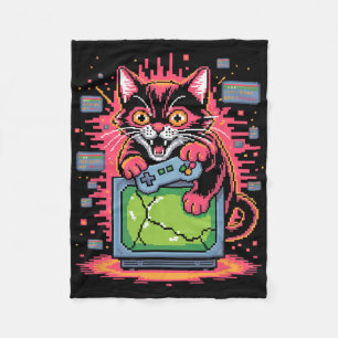 Pixel Rage Cat Retro Gamer Glitch In 8-bit Style 1 Fleece Blanket