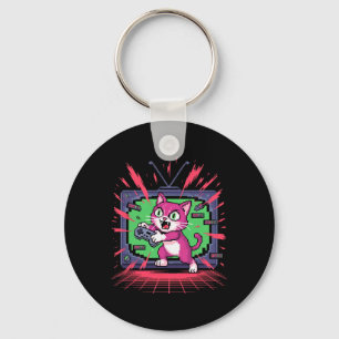 Pixel Rage Cat Retro Gamer Glitch In 8-bit Style 2 Keychain