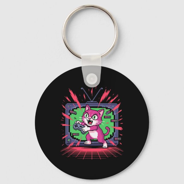 Pixel Rage Cat Retro Gamer Glitch In 8-bit Style 2 Keychain (Front)