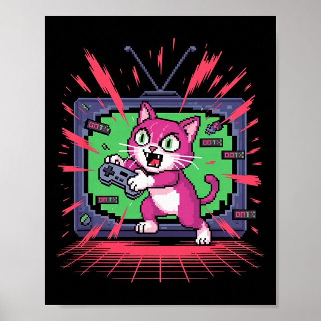 Pixel Rage Cat Retro Gamer Glitch In 8-bit Style 2 Poster (Front)