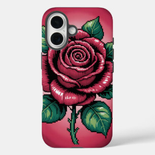 Pixel Rose – Retro Floral Art iPhone 16 Case