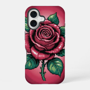 Pixel Rose – Retro Floral Art iPhone 16 Case