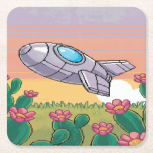 Pixel Spaceship Cactus Coaster Set