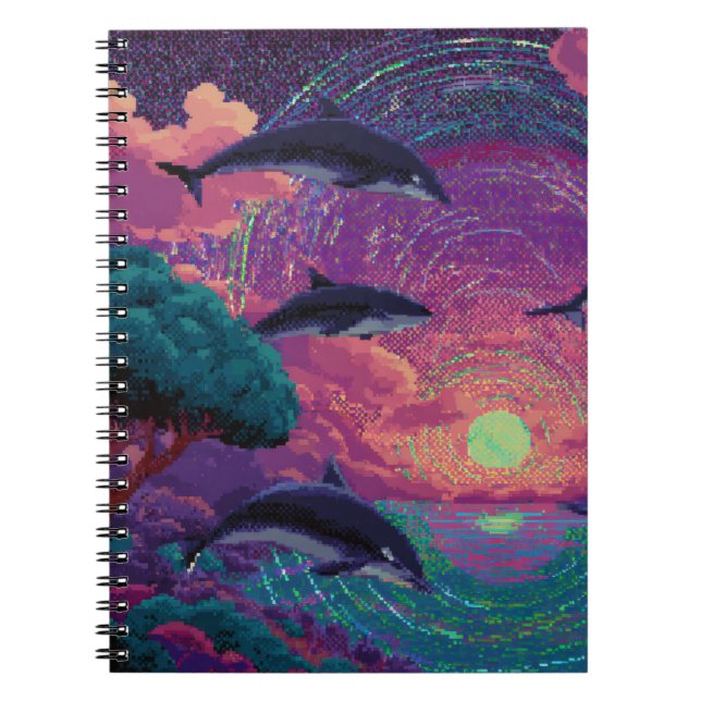 Pixel Sunset Dolphins Cosmic Vortex Notebook (Front)