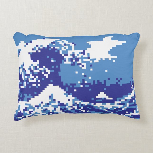 Pixel Tsunami Blue 8 Bit Pixel Art Accent Pillow (Front)