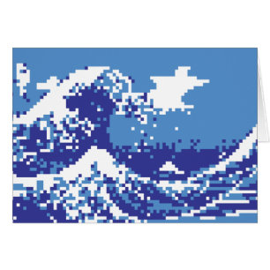 Pixel Tsunami Blue 8 Bit Pixel Art Greeting Card