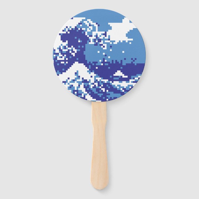 Pixel Tsunami Blue 8 Bit Pixel Art Hand Fan (Front)